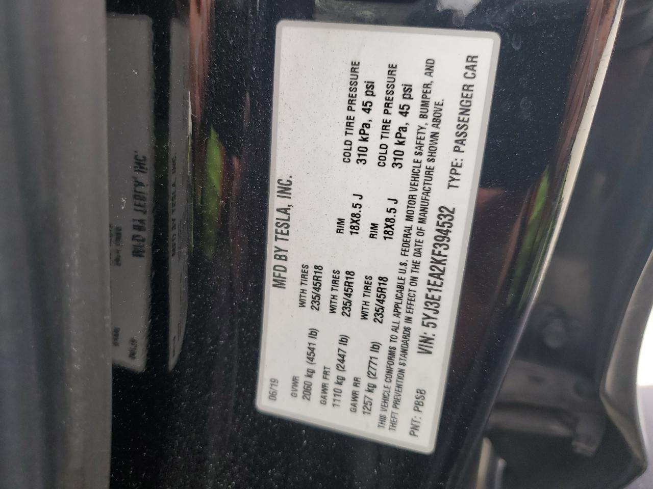 2019 Tesla Model 3 VIN: 5YJ3E1EA2KF394532 Lot: 93460115