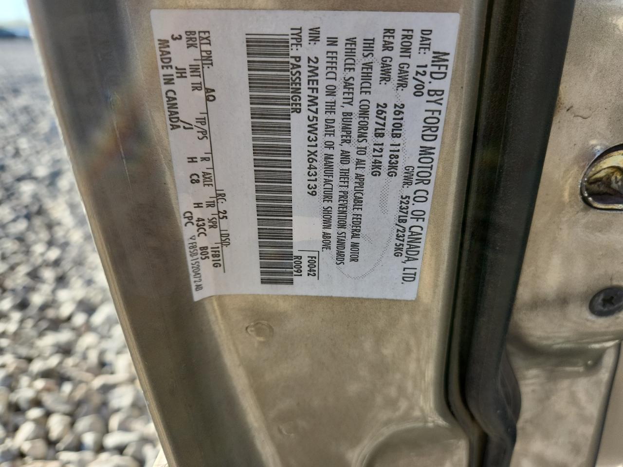 2001 Mercury Grand Marquis Ls VIN: 2MEFM75W31X643139 Lot: 91698065