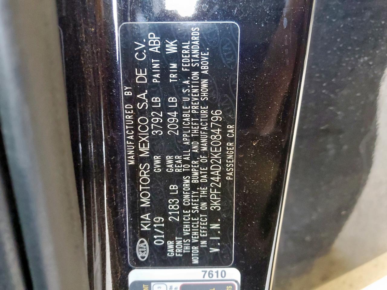 2019 Kia Forte Fe VIN: 3KPF24AD2KE084796 Lot: 92130365