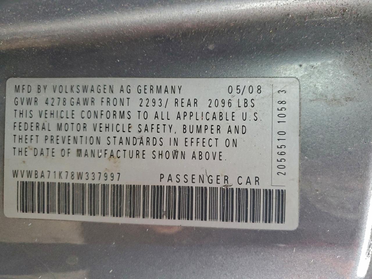 2008 Volkswagen Rabbit VIN: WVWBA71K78W337997 Lot: 93451795
