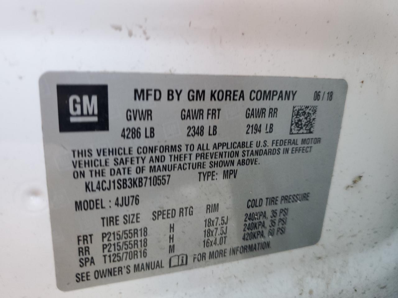 2019 Buick Encore Sport Touring VIN: KL4CJ1SB3KB710557 Lot: 90787125