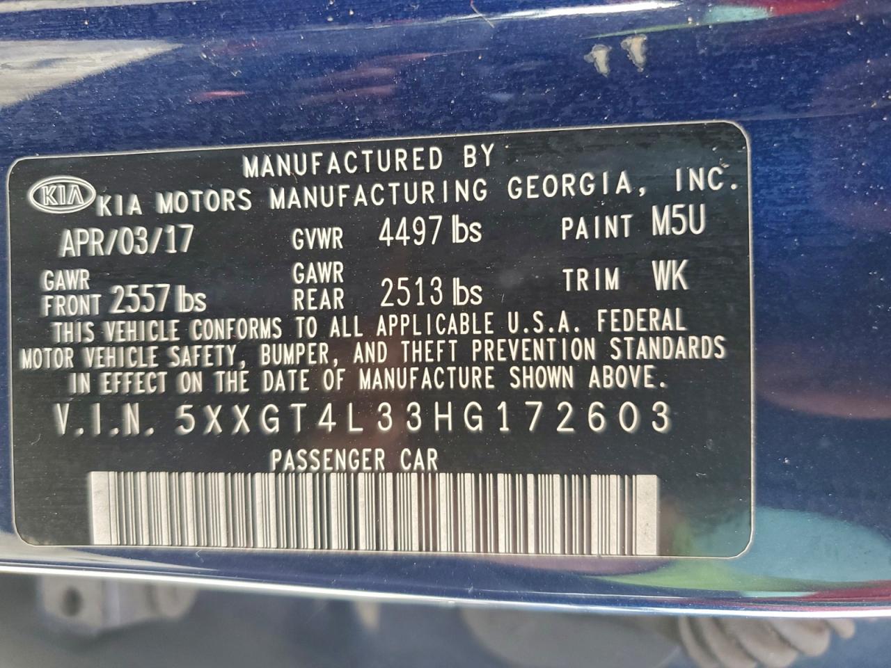 2017 Kia Optima Lx VIN: 5XXGT4L33HG172603 Lot: 94090875