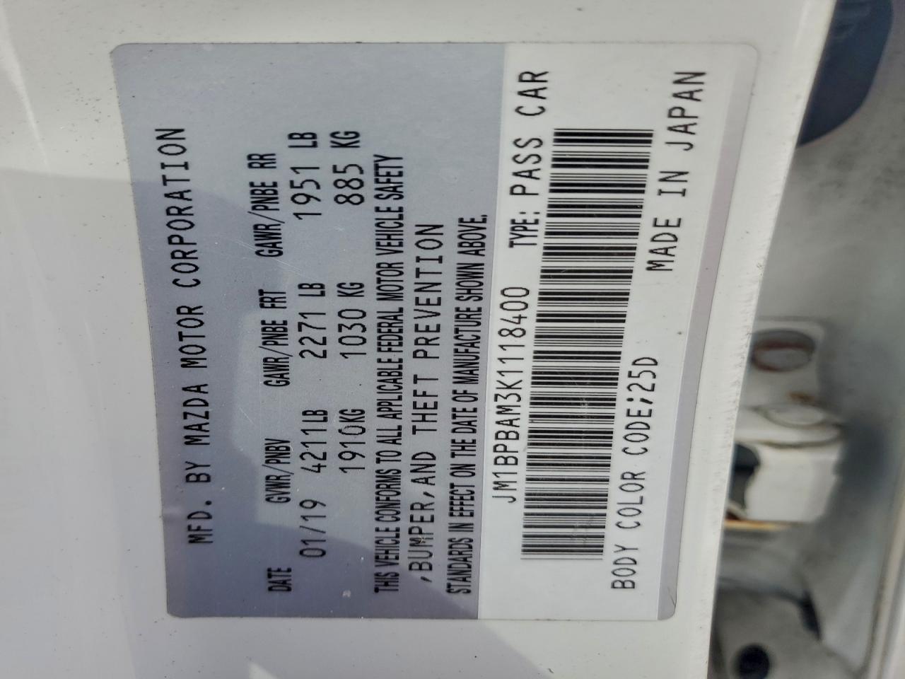 2019 Mazda 3 Select VIN: JM1BPBAM3K1118400 Lot: 92758925