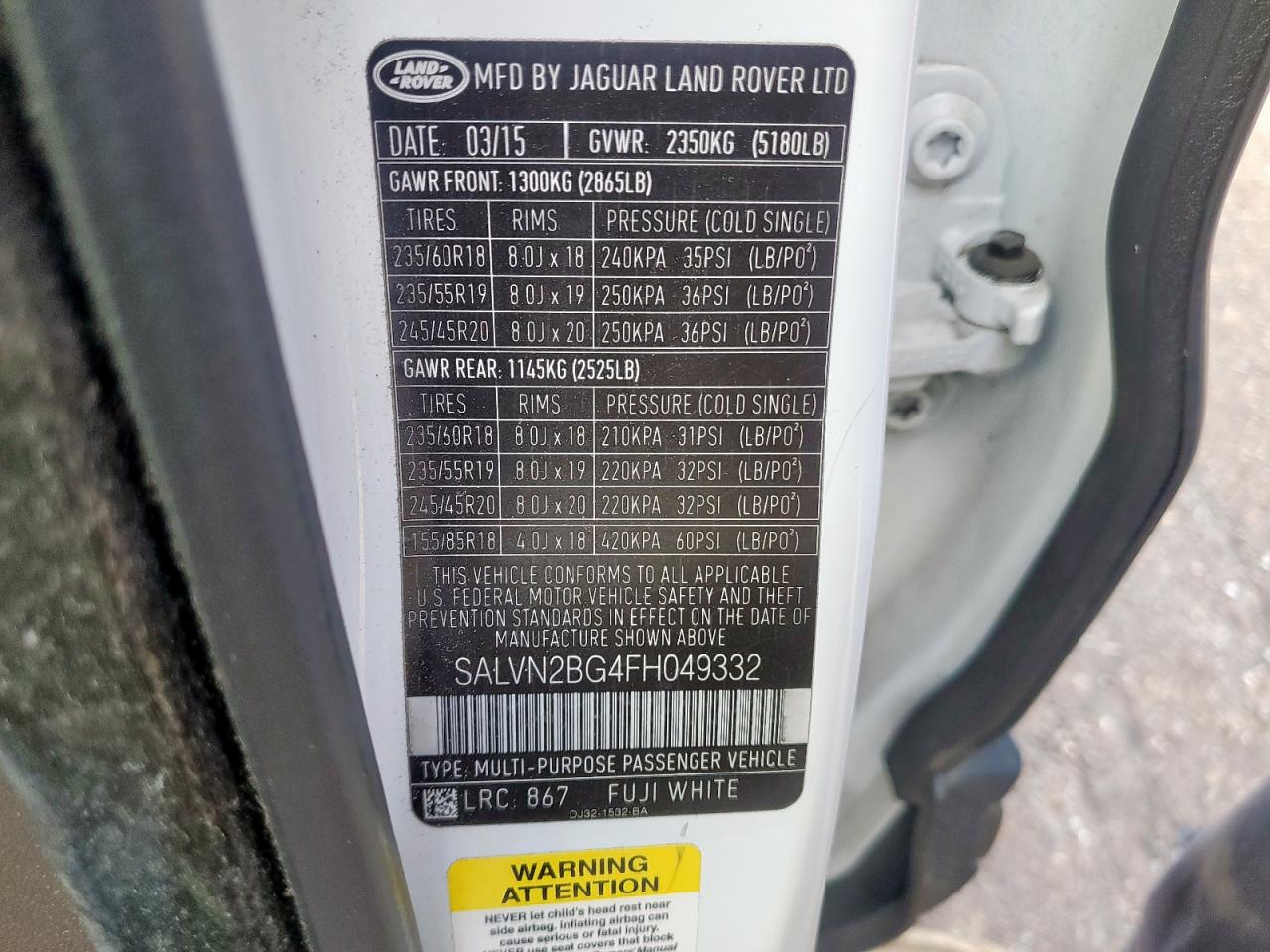 2015 Land Rover Range Rover Evoque Pure VIN: SALVN2BG4FH049332 Lot: 92199085