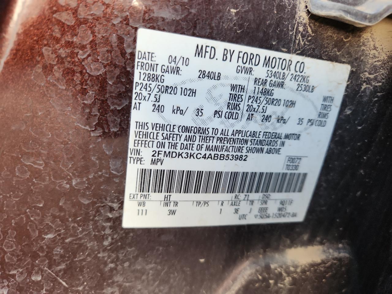 2010 Ford Edge Limited VIN: 2FMDK3KC4ABB53982 Lot: 92846075