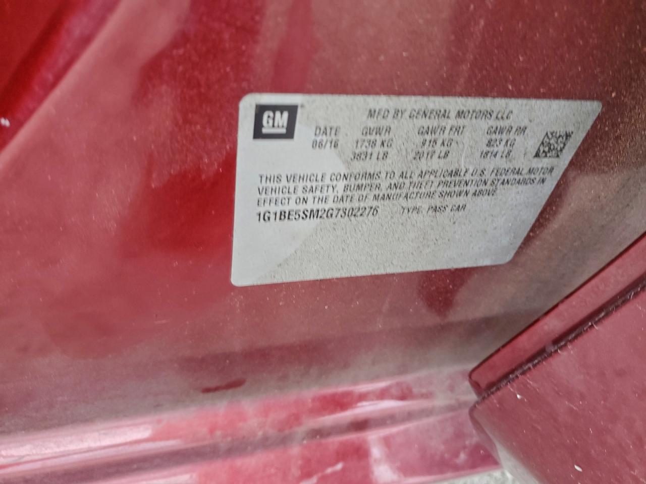 2016 Chevrolet Cruze Lt VIN: 1G1BE5SM2G7302276 Lot: 93445905