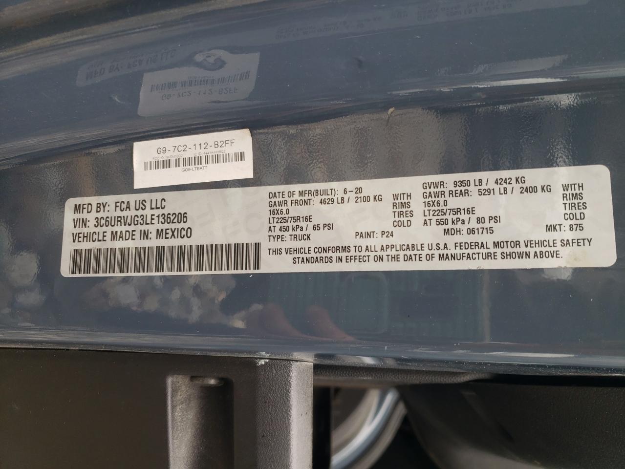 2020 Ram Promaster 3500 Delivery Van VIN: 3C6URVJG3LE136206 Lot: 90783155