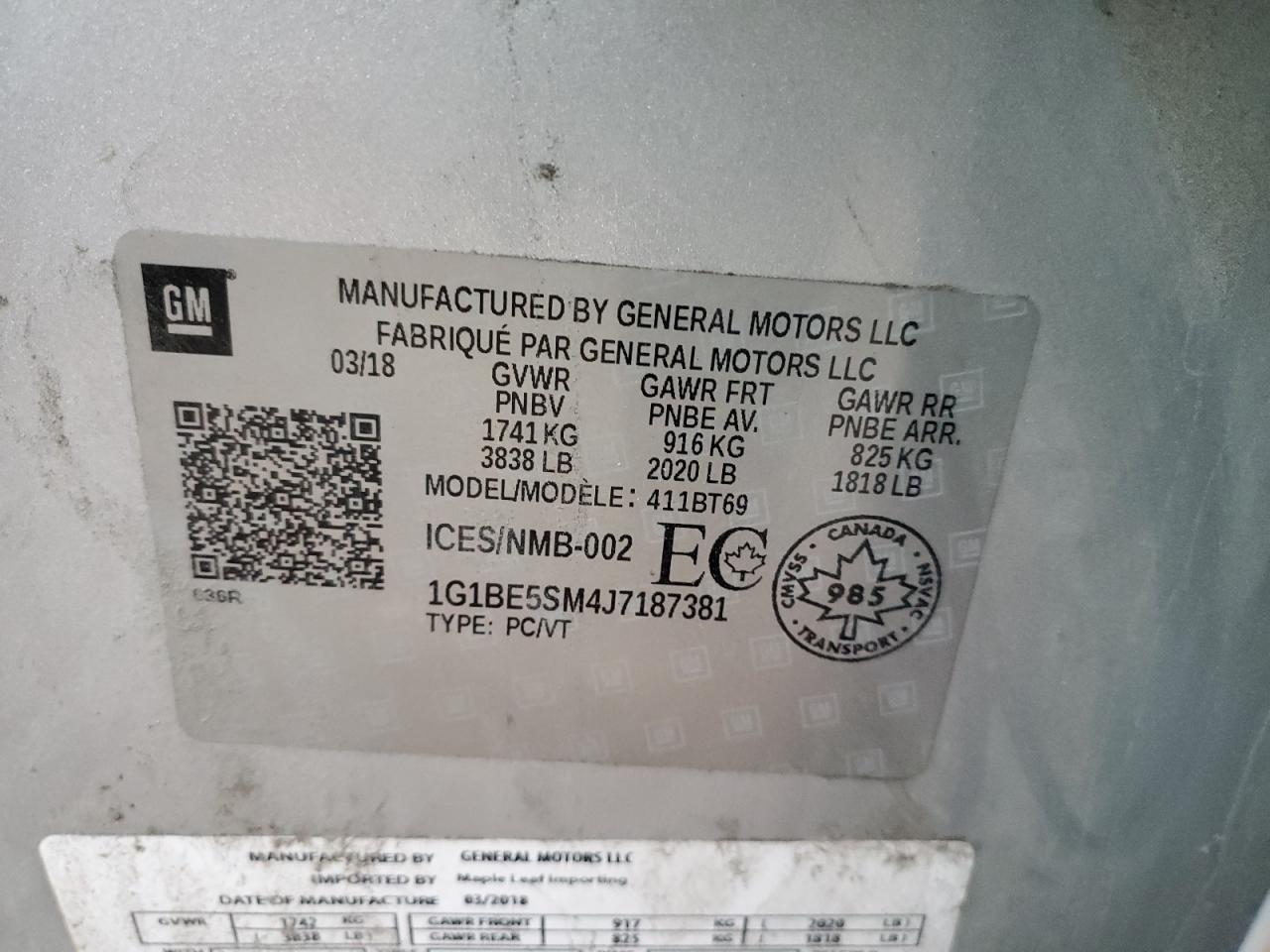 2018 Chevrolet Cruze Lt VIN: 1G1BE5SM4J7187381 Lot: 92016725