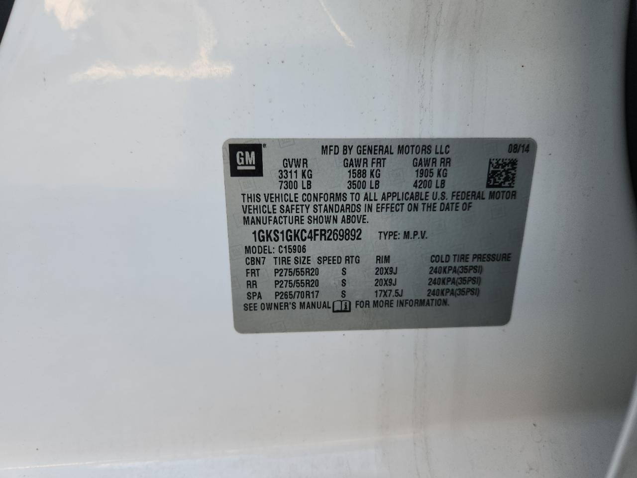 2015 GMC Yukon Xl C1500 Sle VIN: 1GKS1GKC4FR269892 Lot: 91434105