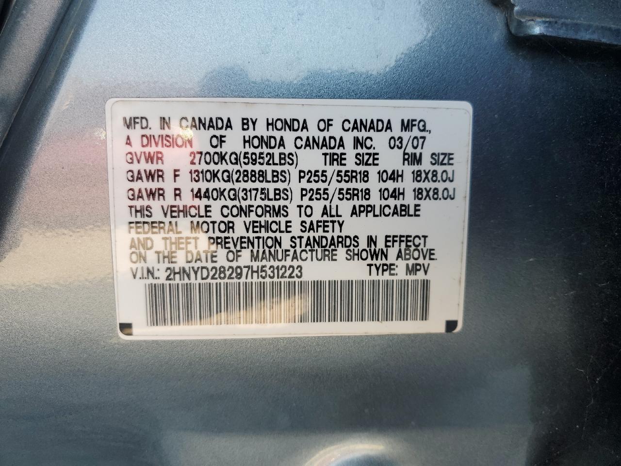 2007 Acura Mdx VIN: 2HNYD28297H531223 Lot: 90454365