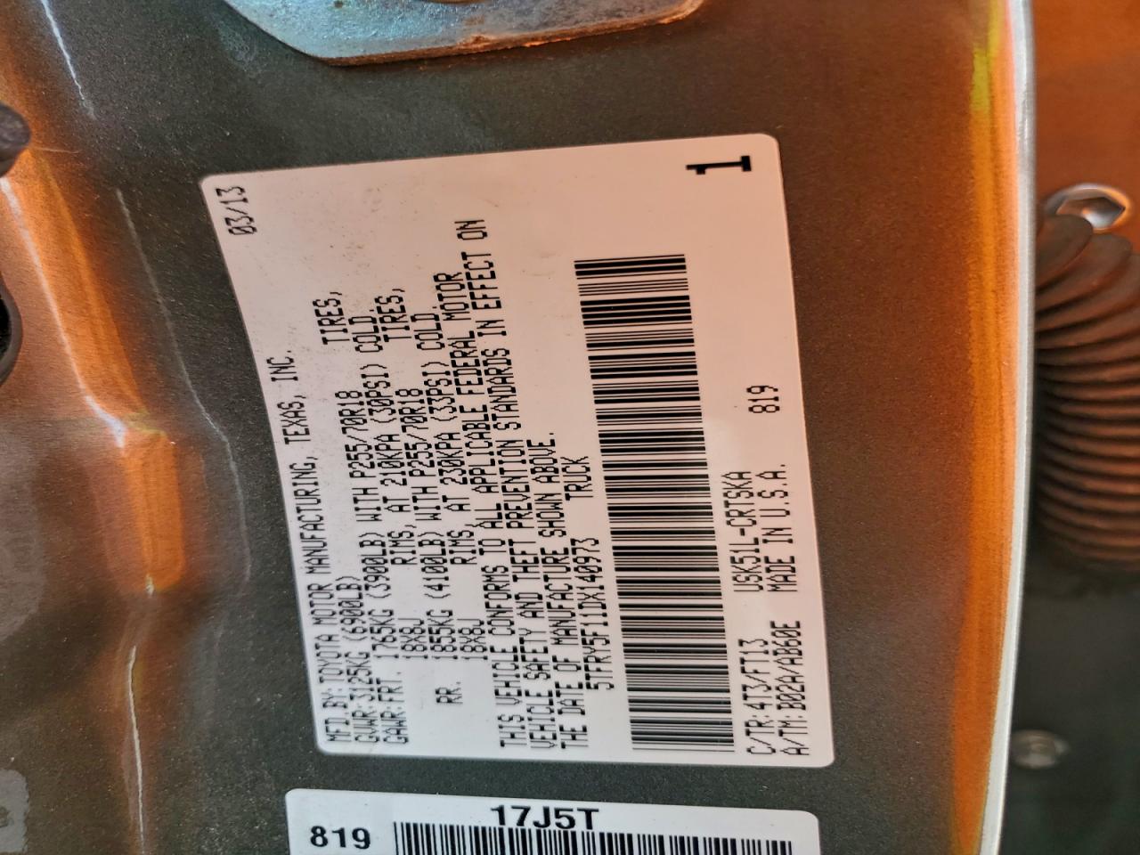 2013 Toyota Tundra Double Cab Sr5 VIN: 5TFRY5F11DX140973 Lot: 94021035