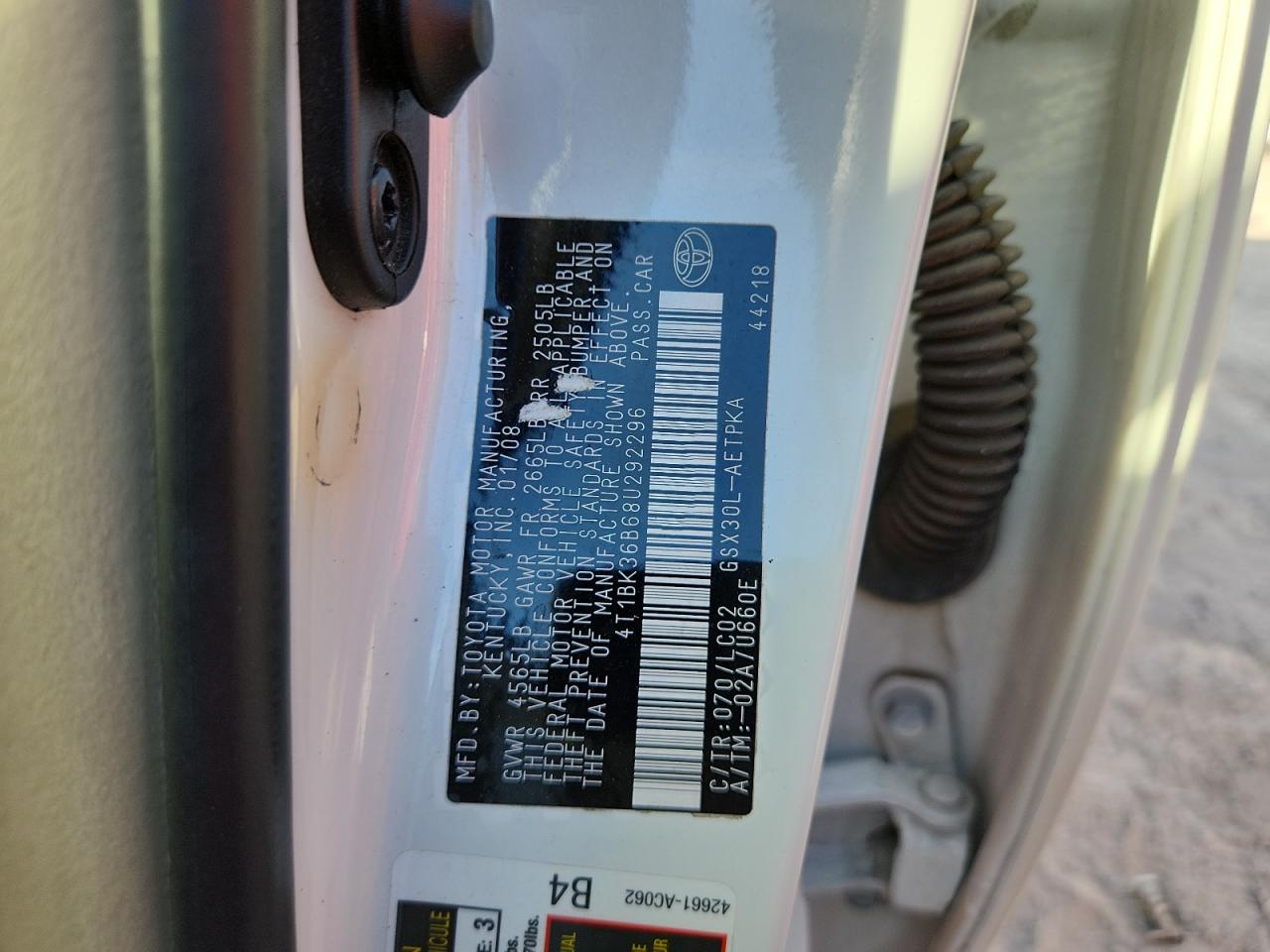 2008 Toyota Avalon Xl VIN: 4T1BK36B68U292296 Lot: 92717715