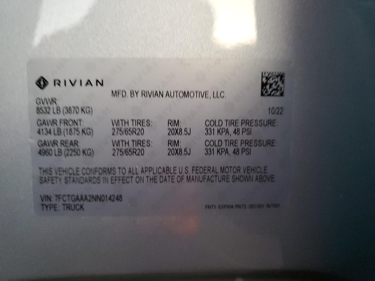 2022 Rivian R1T Adventure VIN: 7FCTGAAA2NN014248 Lot: 91329345