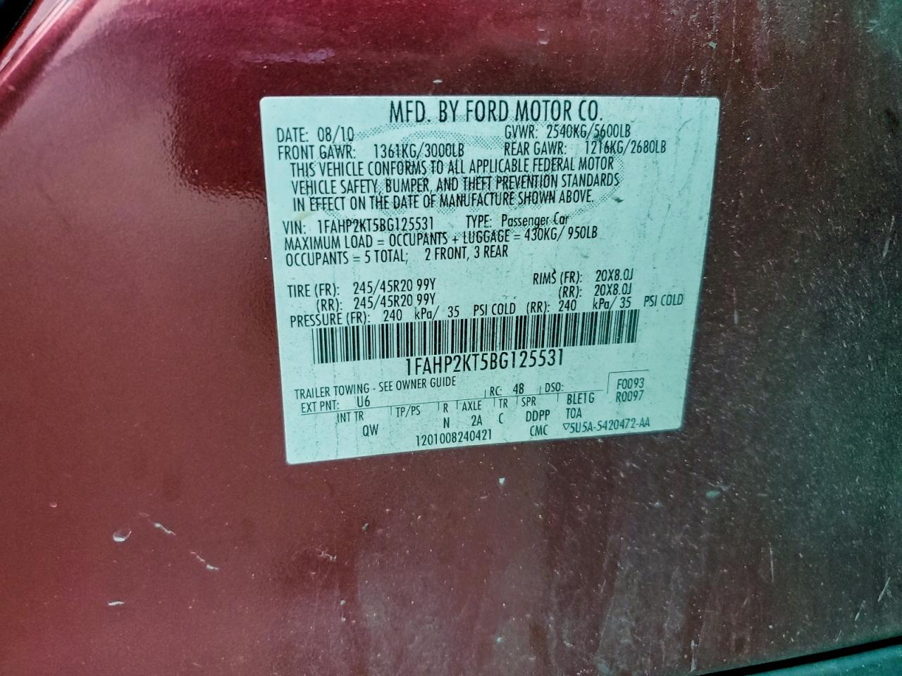 2011 Ford Taurus Sho VIN: 1FAHP2KT5BG125531 Lot: 93439795