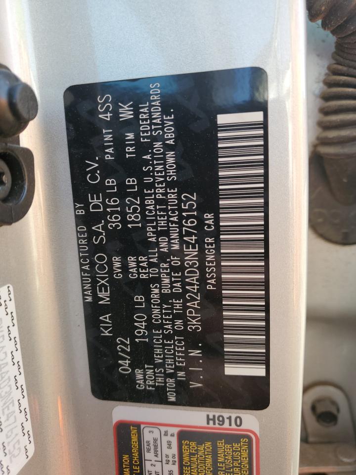 2022 Kia Rio Lx VIN: 3KPA24AD3NE476152 Lot: 92576365