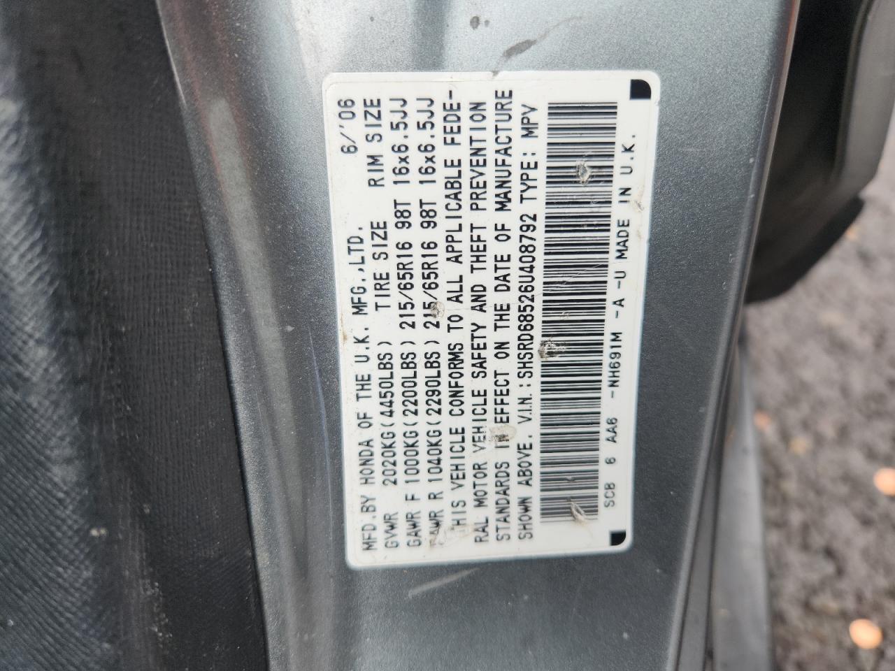 2006 Honda Cr-V Lx VIN: SHSRD68526U408792 Lot: 91454225