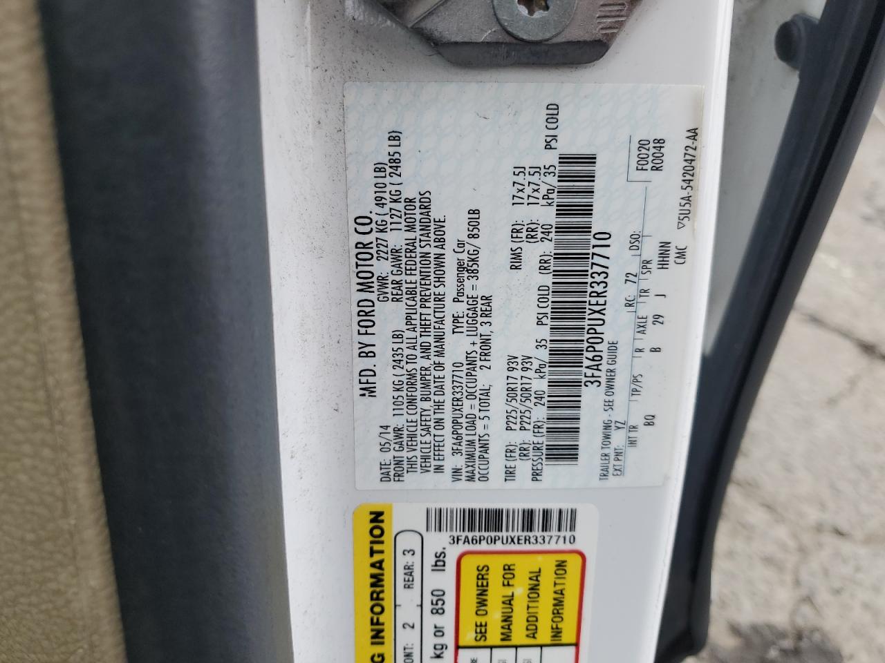 2014 Ford Fusion Se Phev VIN: 3FA6P0PUXER337710 Lot: 93360195
