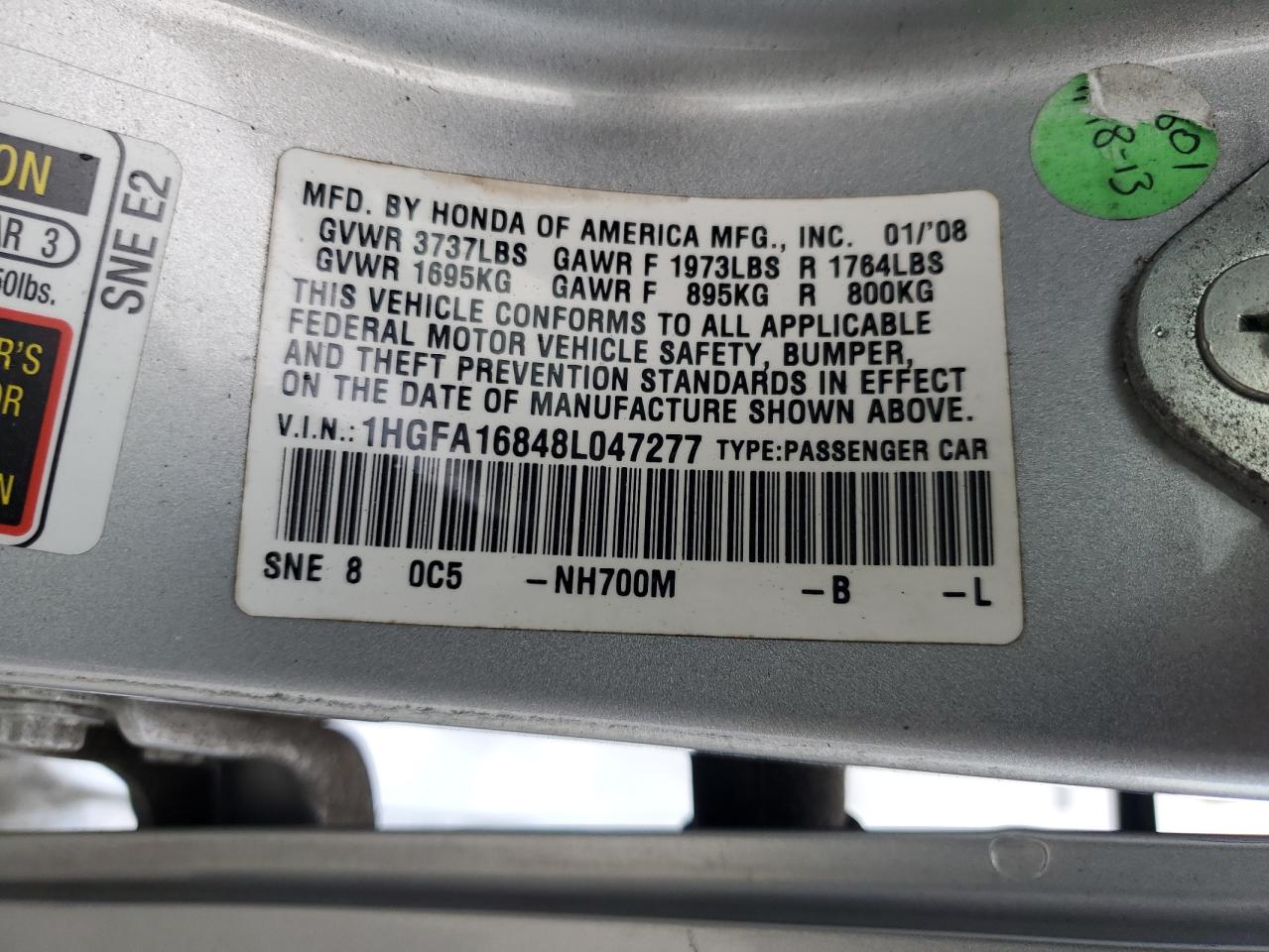 2008 Honda Civic Ex VIN: 1HGFA16848L047277 Lot: 93255245