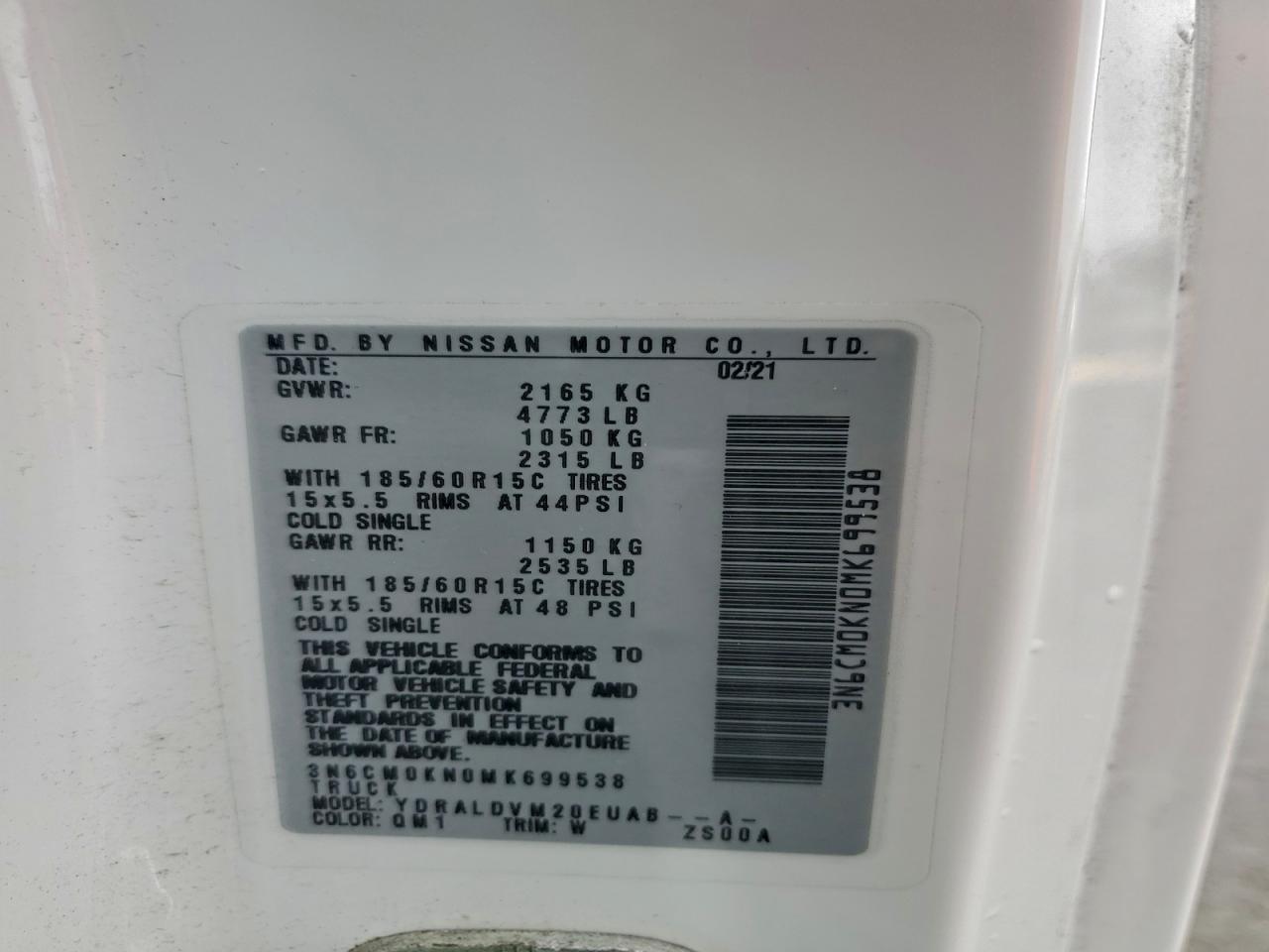 2021 Nissan Nv200 2.5S VIN: 3N6CM0KN0MK699538 Lot: 94577885