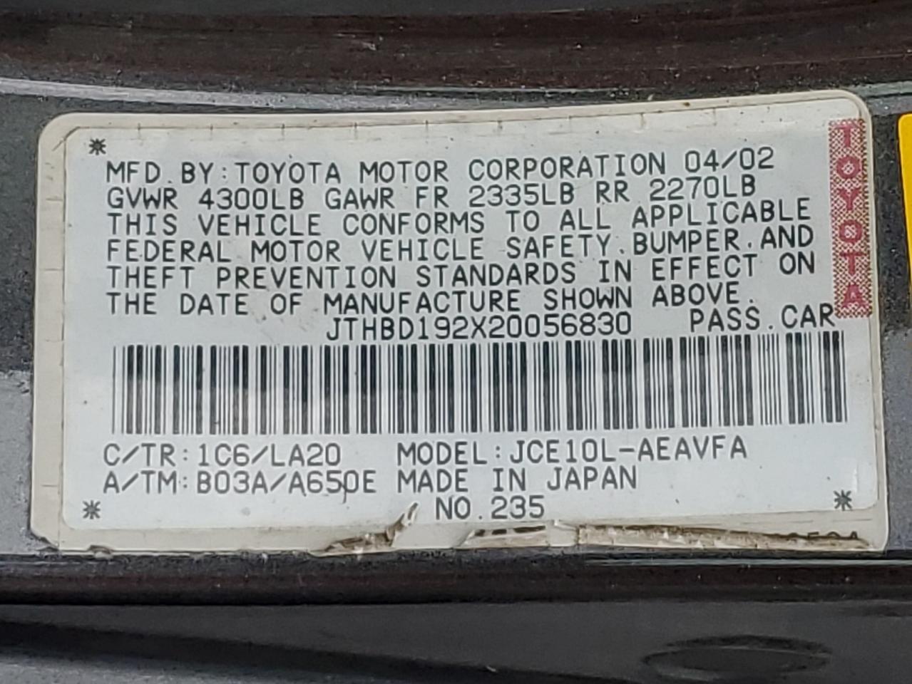 2002 Lexus Is 300 VIN: JTHBD192X20056830 Lot: 91136335