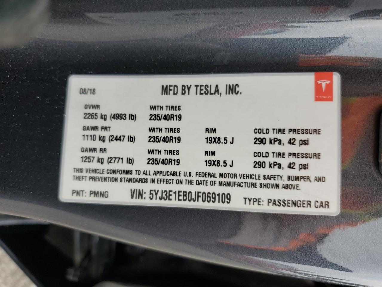 2018 Tesla Model 3 VIN: 5YJ3E1EB0JF069109 Lot: 91597265