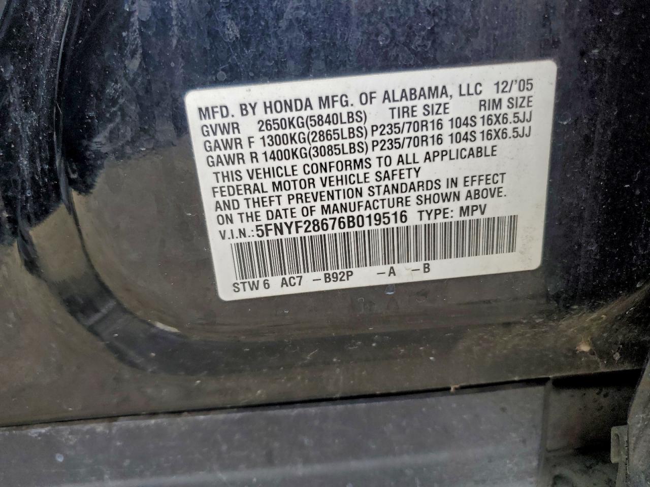 2006 Honda Pilot Ex VIN: 5FNYF28676B019516 Lot: 91831725