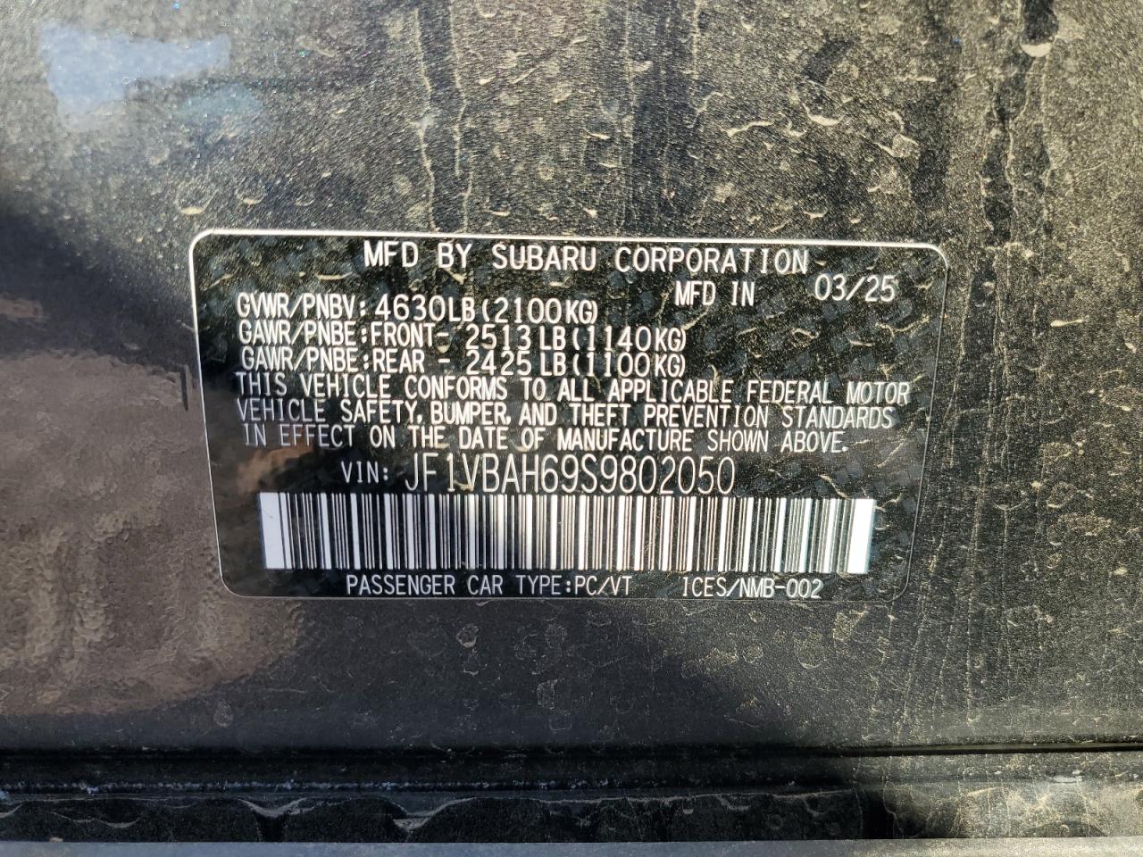2025 Subaru Wrx Premium VIN: JF1VBAH69S9802050 Lot: 93228195