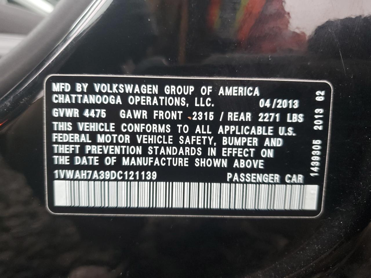 2013 Volkswagen Passat S VIN: 1VWAH7A39DC121139 Lot: 93282645