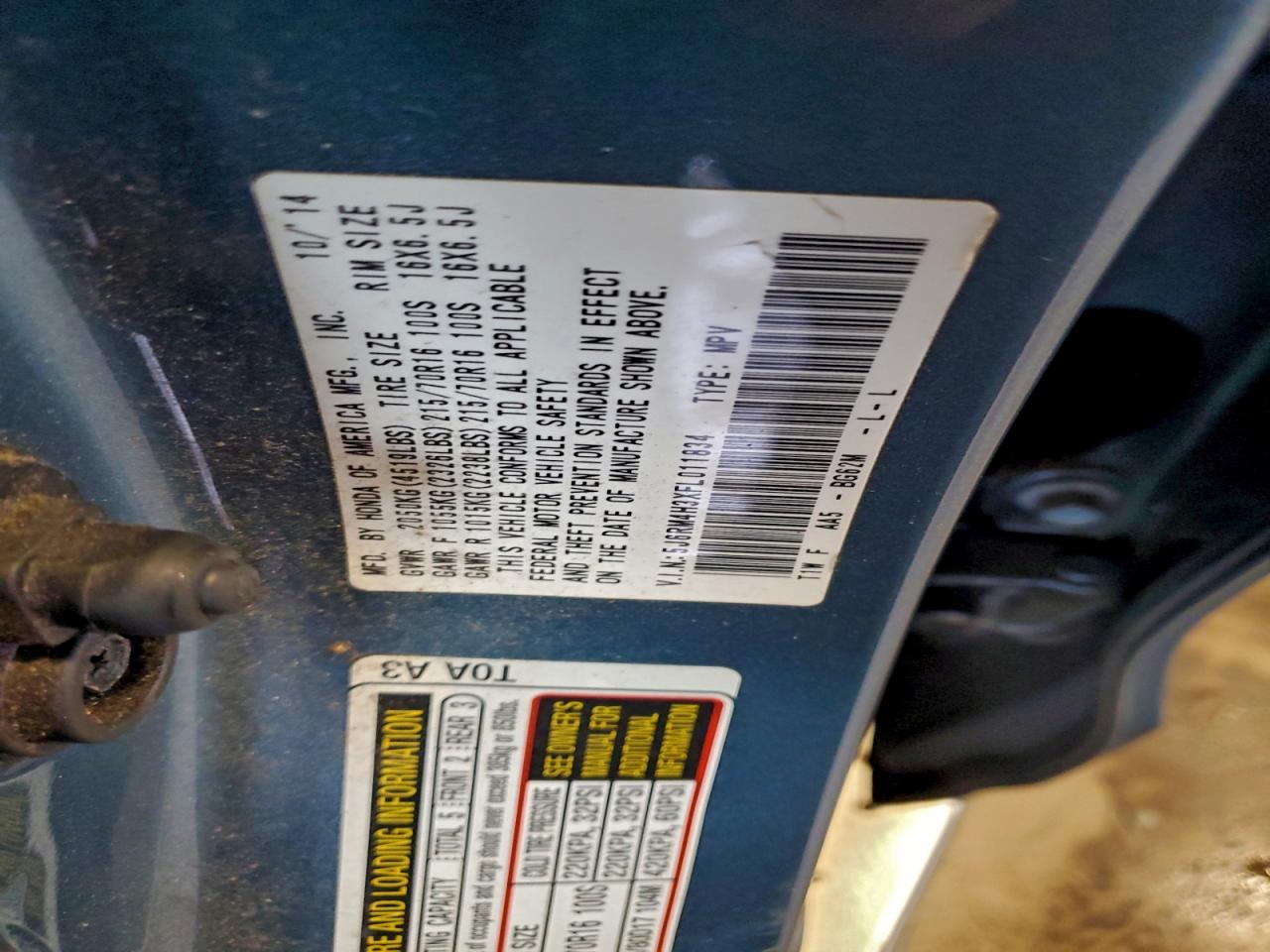 2015 Honda Cr-V Lx VIN: 5J6RM4H3XFL011834 Lot: 94355195