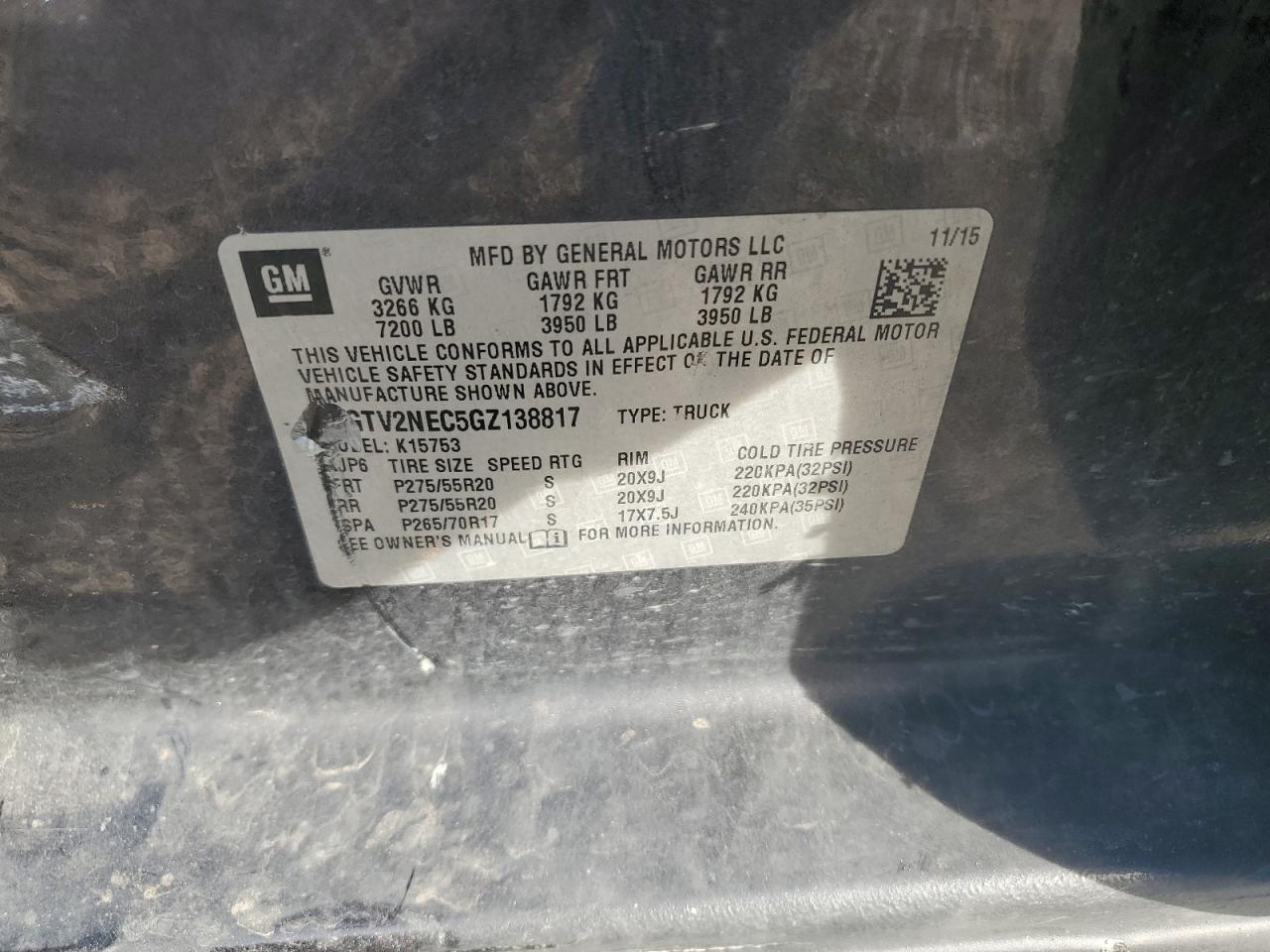 2016 GMC Sierra K1500 Slt VIN: 1GTV2NEC5GZ138817 Lot: 92106745