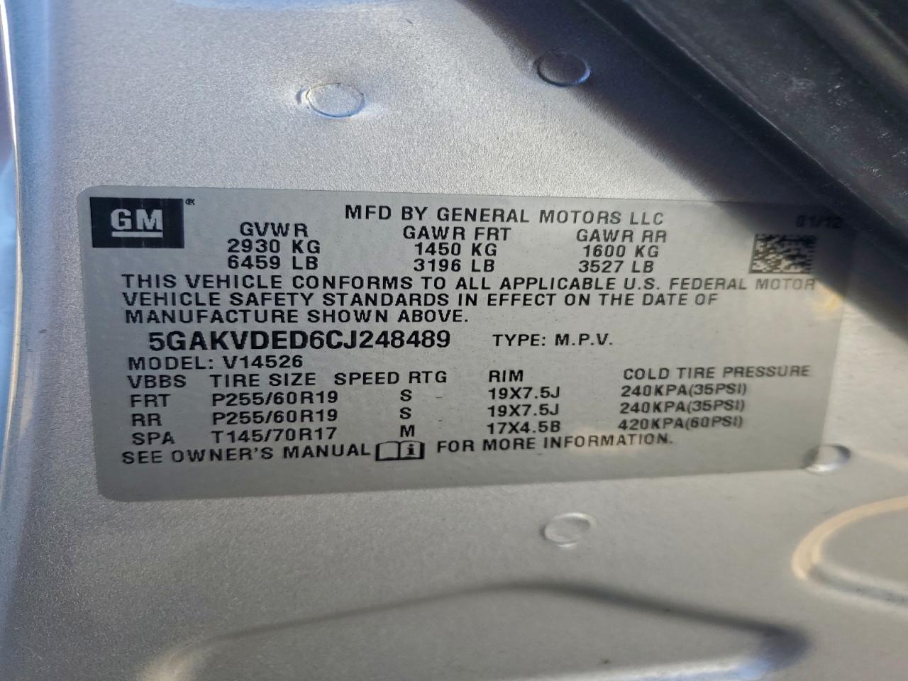 2012 Buick Enclave VIN: 5GAKVDED6CJ248489 Lot: 93740375