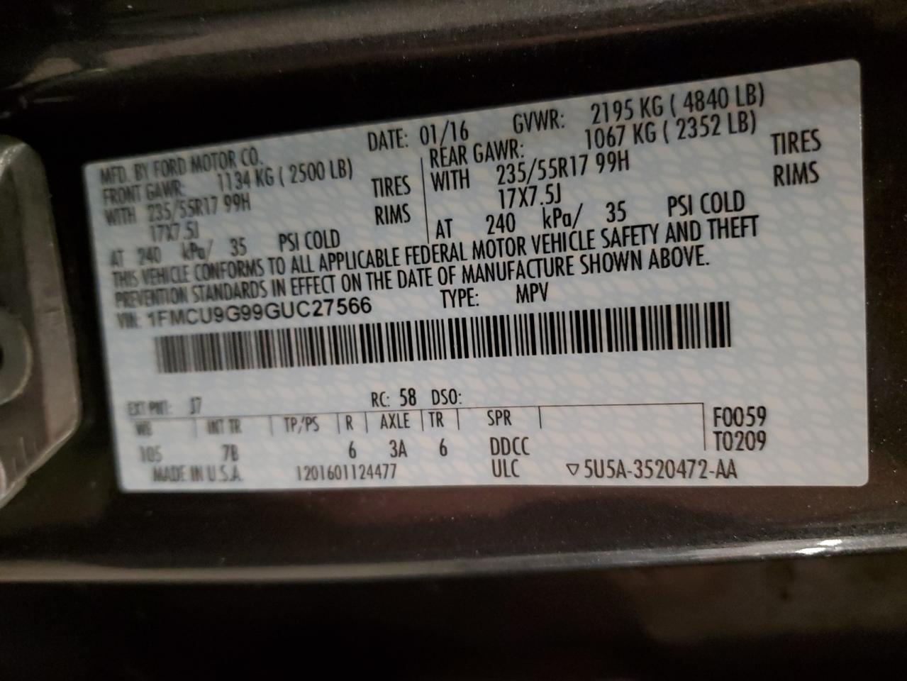 2016 Ford Escape Se VIN: 1FMCU9G99GUC27566 Lot: 91361925