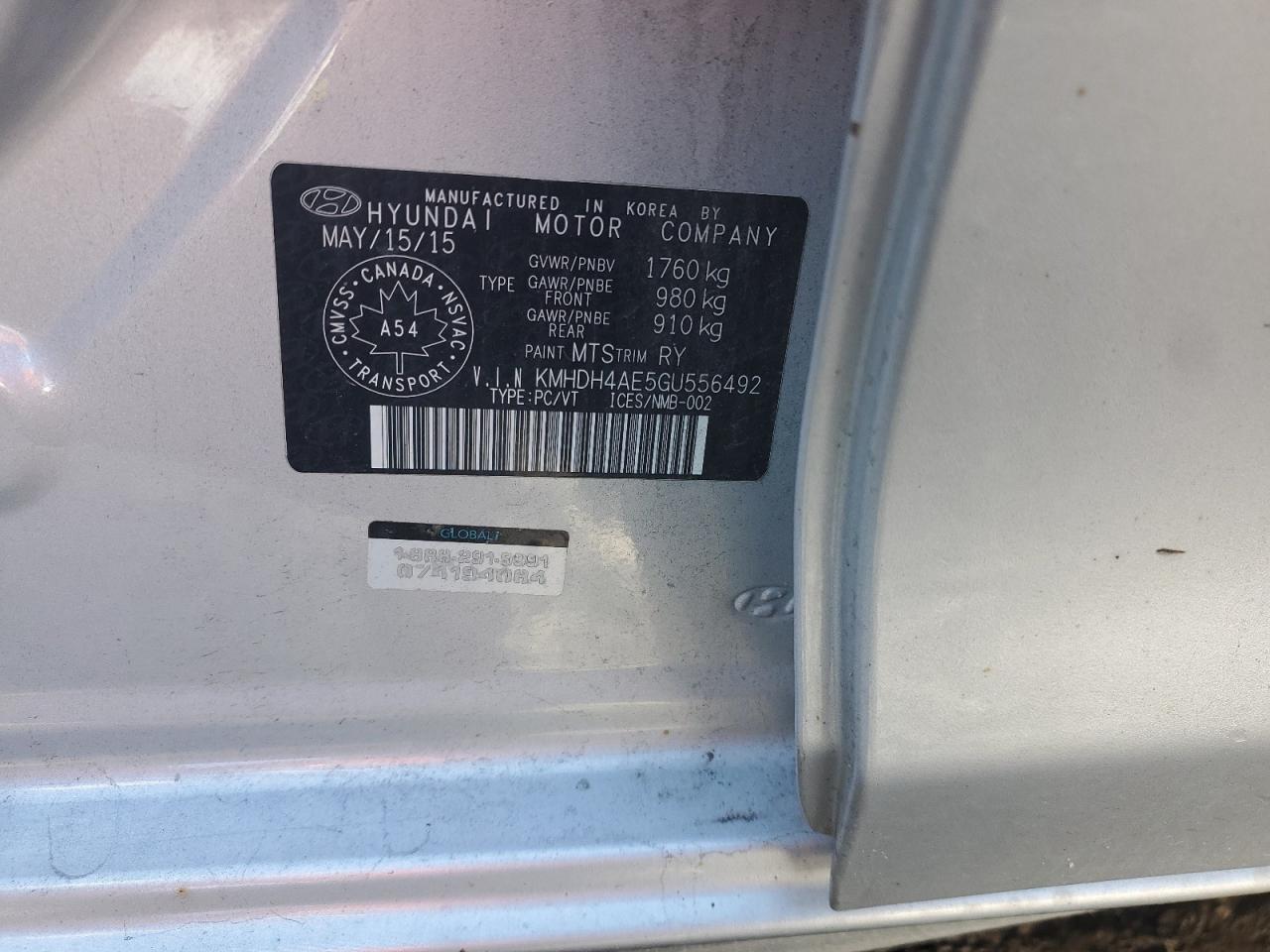 2016 Hyundai Elantra Se VIN: KMHDH4AE5GU556492 Lot: 89545125
