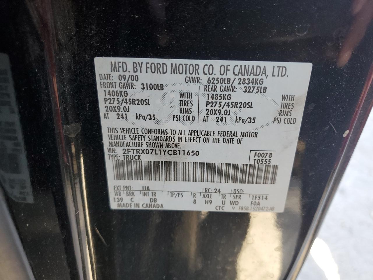 2000 Ford F150 VIN: 2FTRX07L1YCB11650 Lot: 92692065