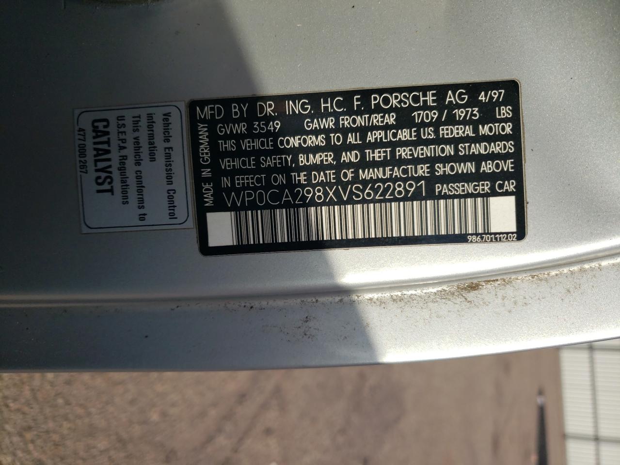 1997 Porsche Boxster VIN: WP0CA298XVS622891 Lot: 91978355