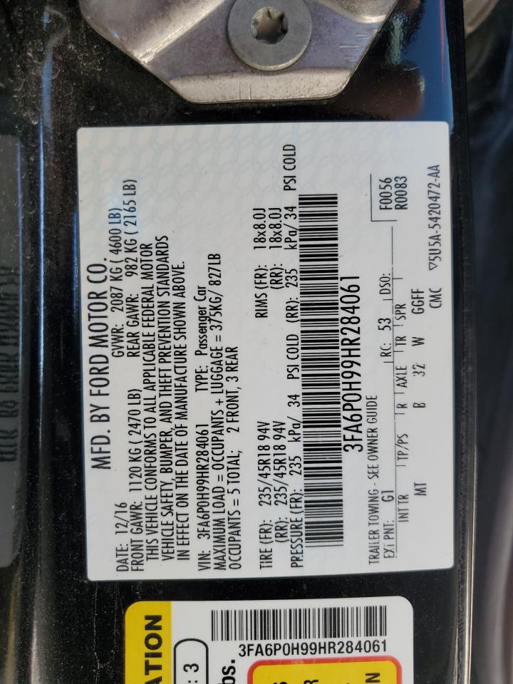 2017 Ford Fusion Se VIN: 3FA6P0H99HR284061 Lot: 87310555