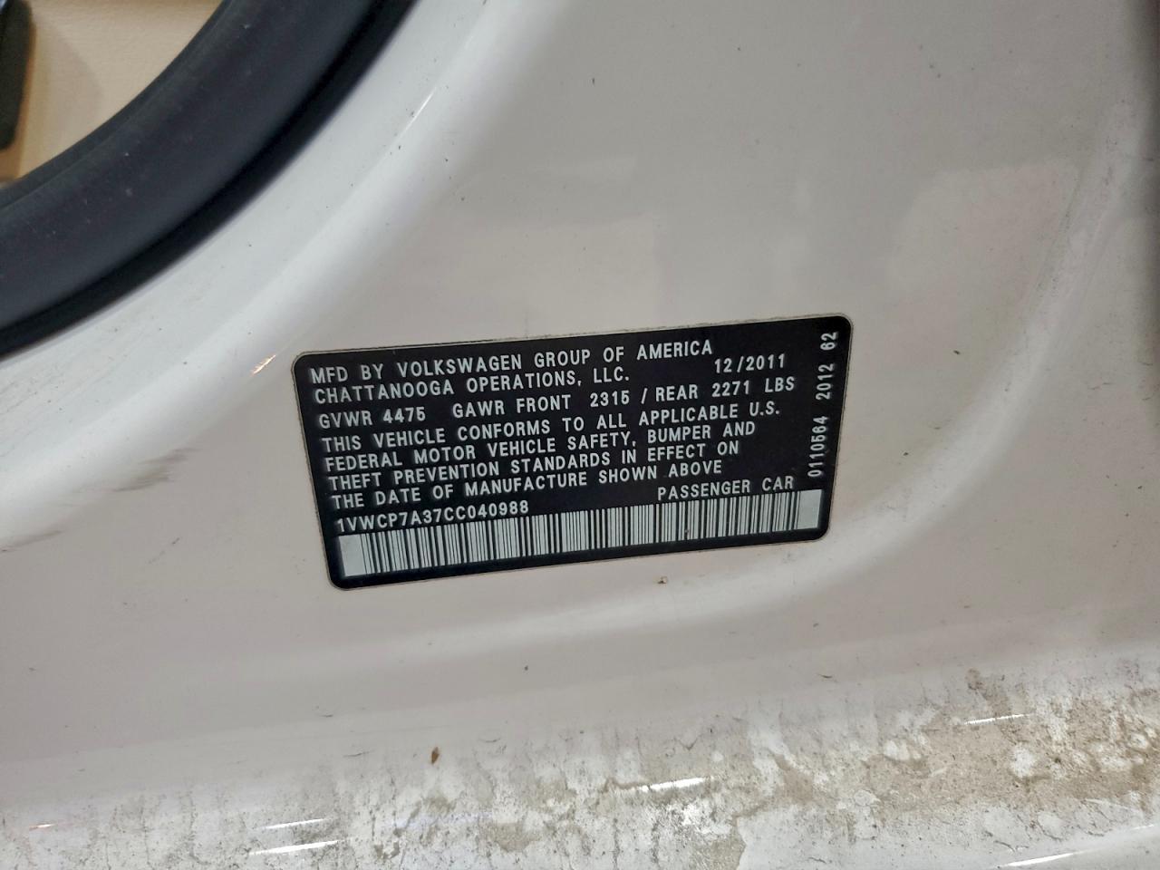2012 Volkswagen Passat Sel VIN: 1VWCP7A37CC040988 Lot: 93347895