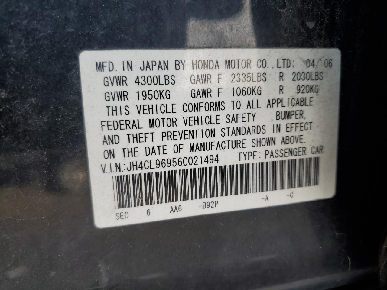 2006 Acura Tsx VIN: JH4CL96956C021494 Lot: 92288255