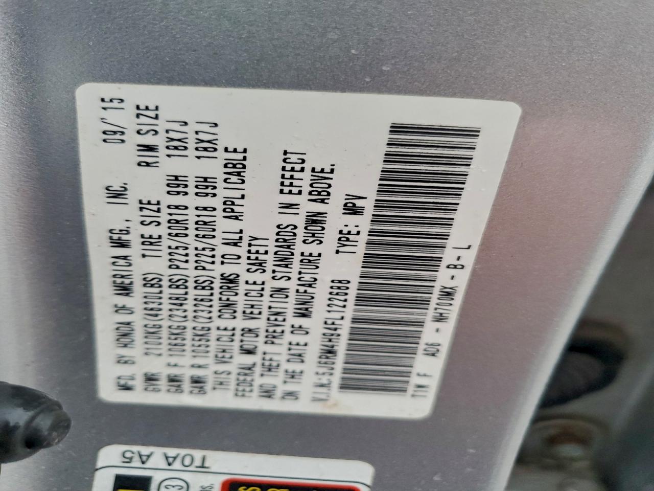 2015 Honda Cr-V Touring VIN: 5J6RM4H94FL122688 Lot: 93536695