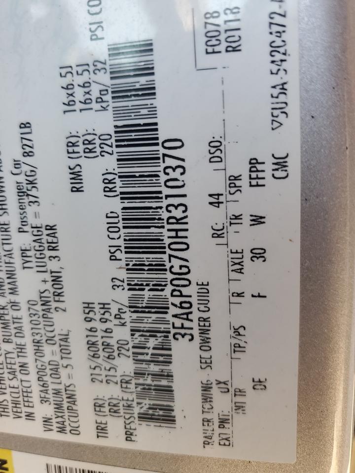 2017 Ford Fusion S VIN: 3FA6P0G70HR310370 Lot: 93388815