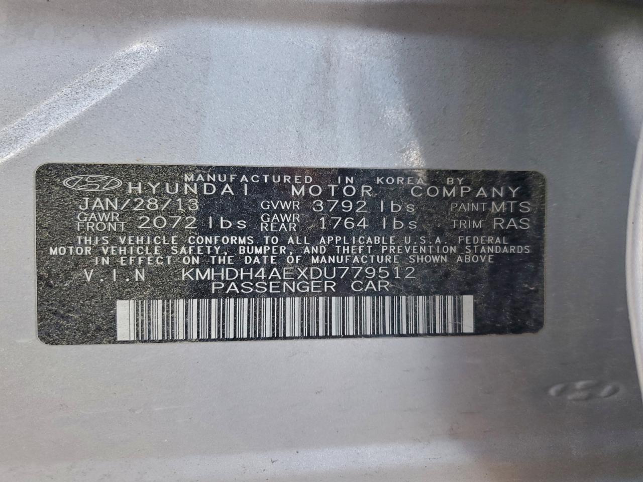 2013 Hyundai Elantra Gls VIN: KMHDH4AEXDU779512 Lot: 94598265