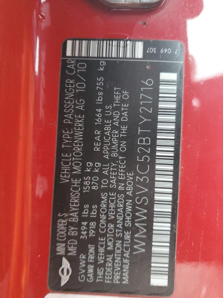 2011 Mini Cooper S VIN: WMWSV3C52BTY21716 Lot: 93116185