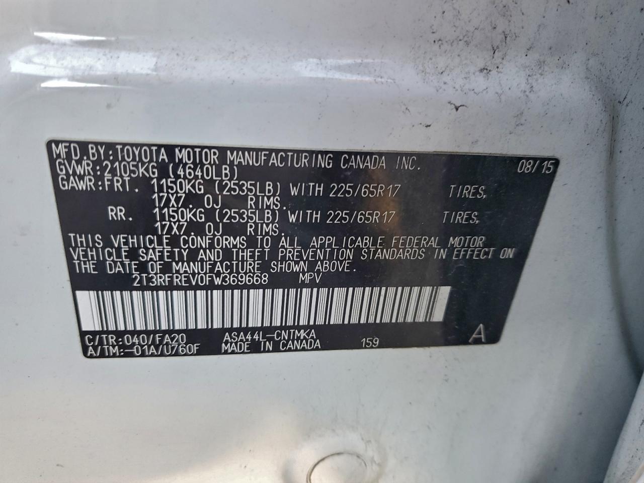 2015 Toyota Rav4 Xle VIN: 2T3RFREV0FW369668 Lot: 94586955