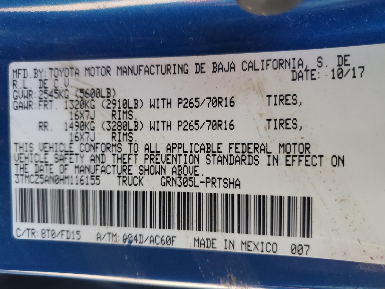2017 Toyota Tacoma Double Cab VIN: 3TMCZ5AN0HM116155 Lot: 91824515