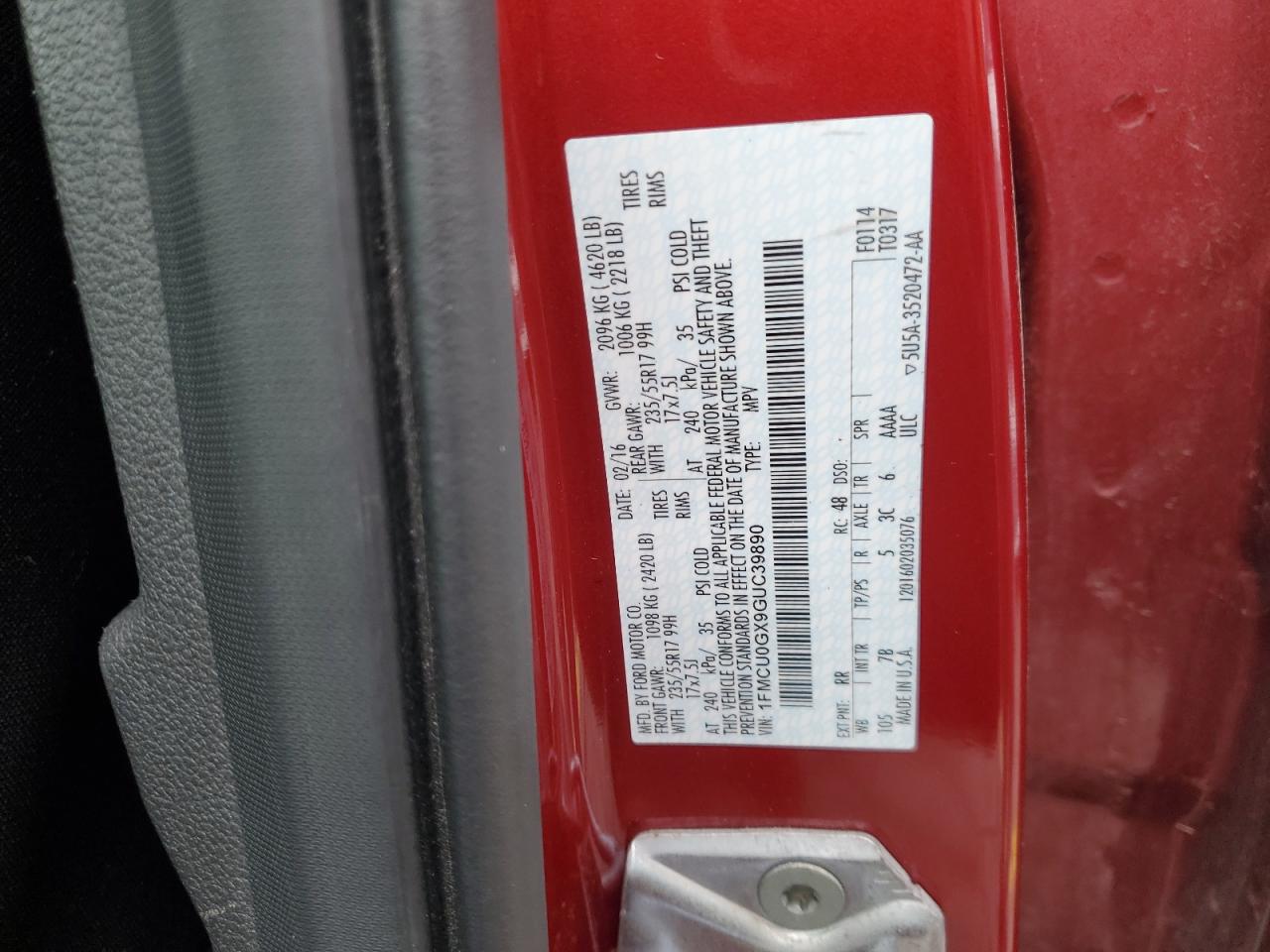 2016 Ford Escape Se VIN: 1FMCU0GX9GUC39890 Lot: 93613135