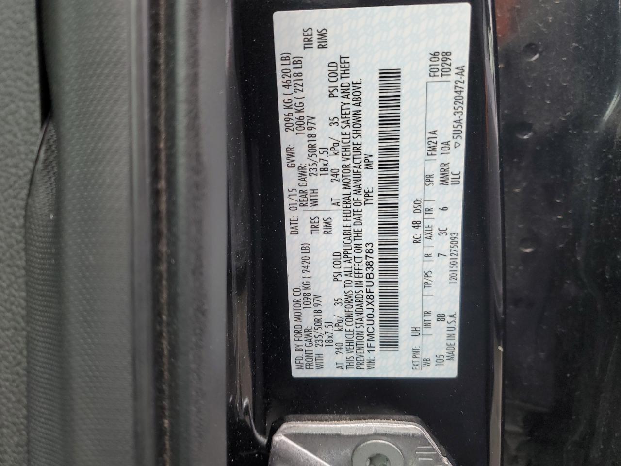 2015 Ford Escape Titanium VIN: 1FMCU0JX8FUB38783 Lot: 92713305