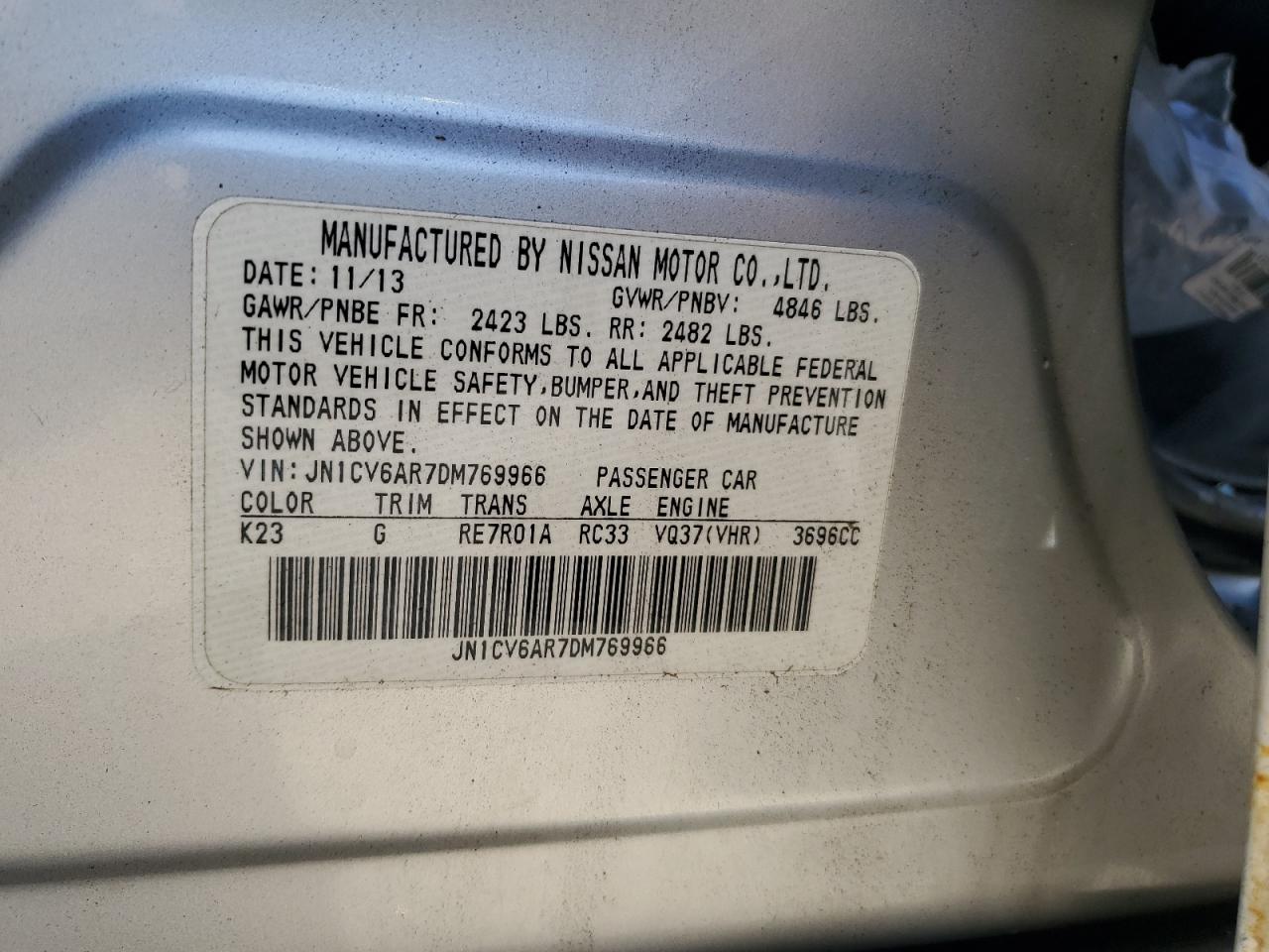 2013 Infiniti G37 VIN: JN1CV6AR7DM769966 Lot: 90742515