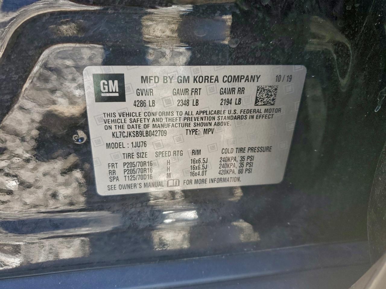 2020 Chevrolet Trax Ls VIN: KL7CJKSB9LB042709 Lot: 93506125