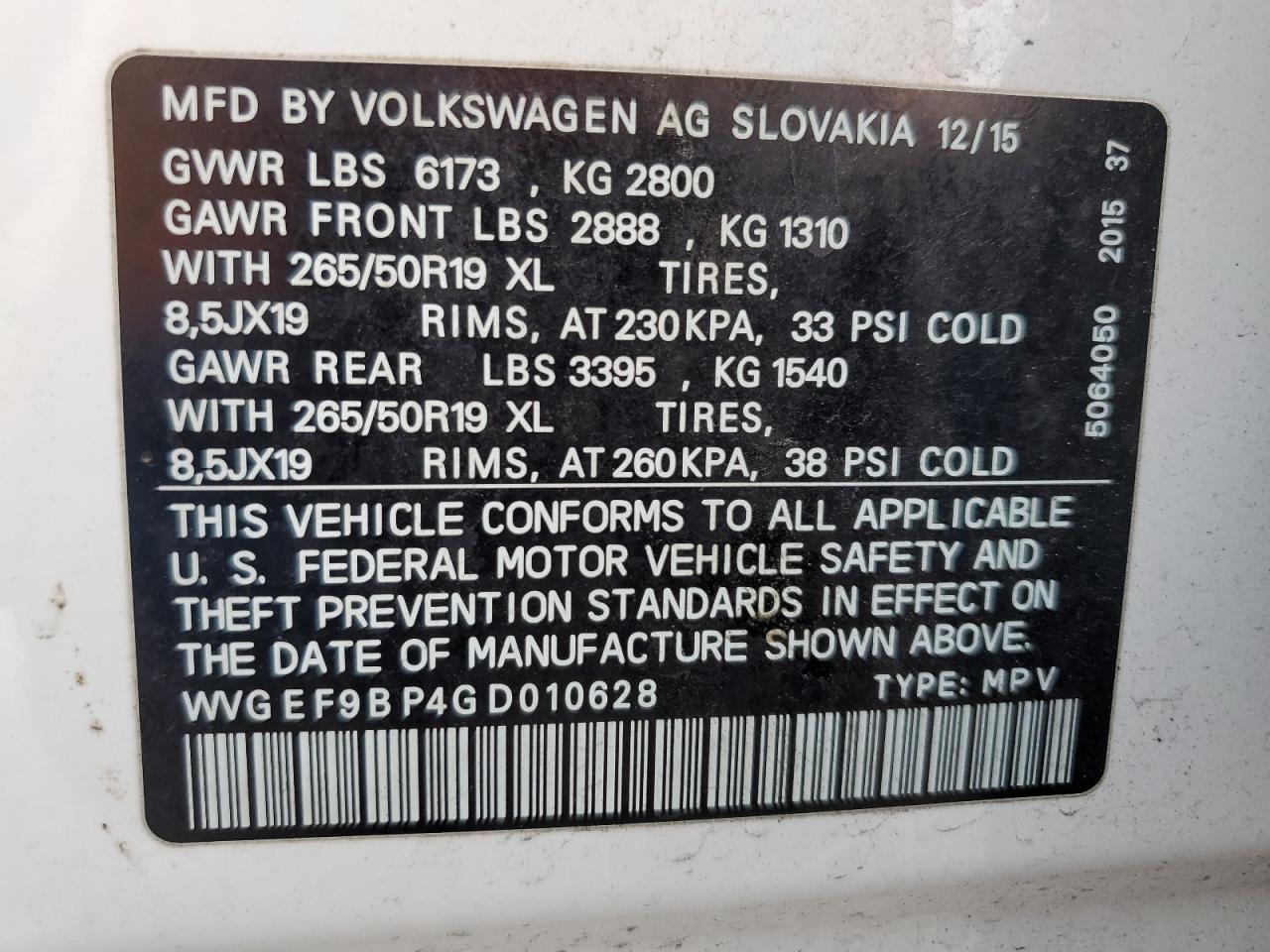 2016 Volkswagen Touareg Sport VIN: WVGEF9BP4GD010628 Lot: 91236355