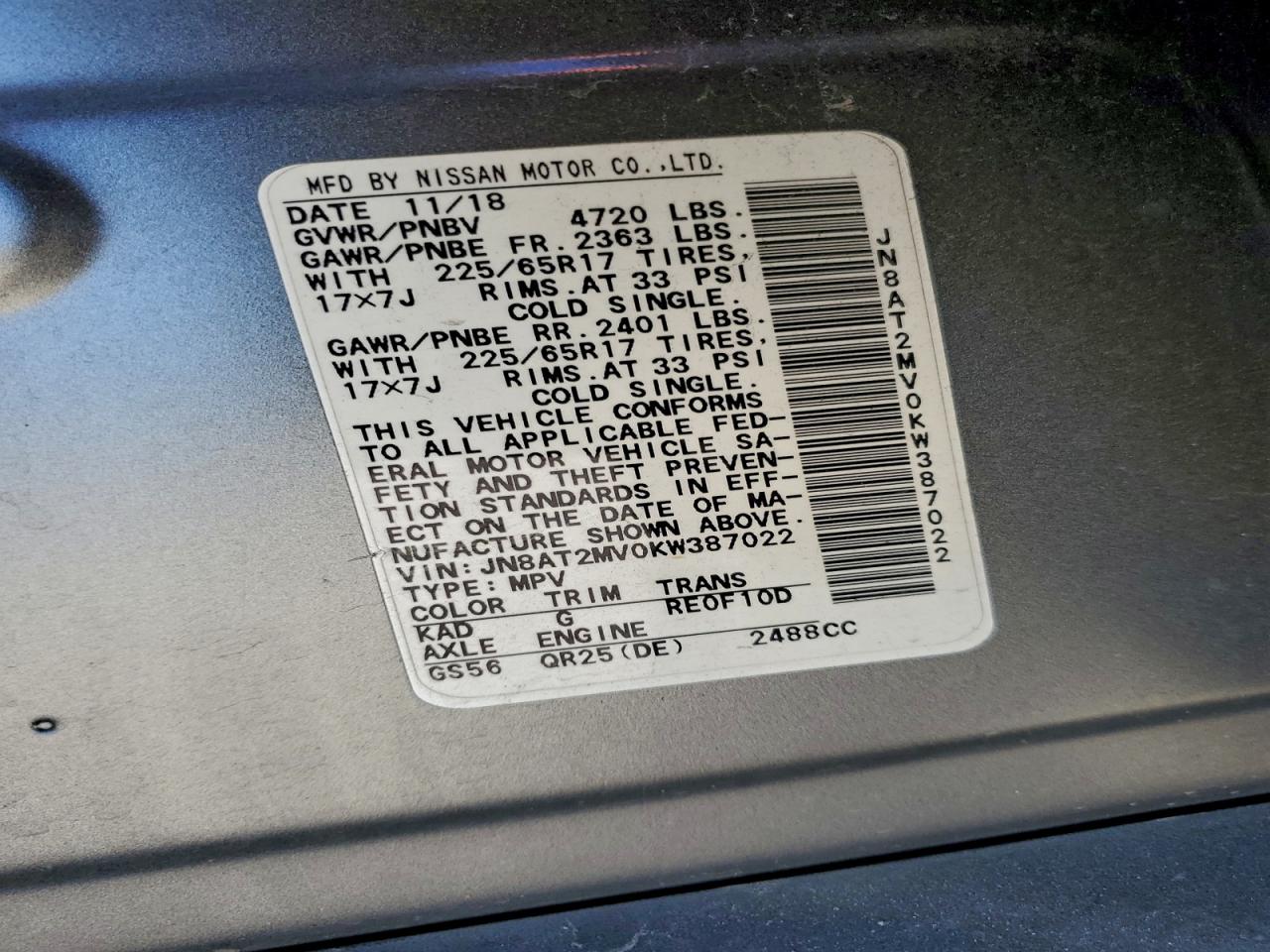 2019 Nissan Rogue S VIN: JN8AT2MV0KW387022 Lot: 94535745